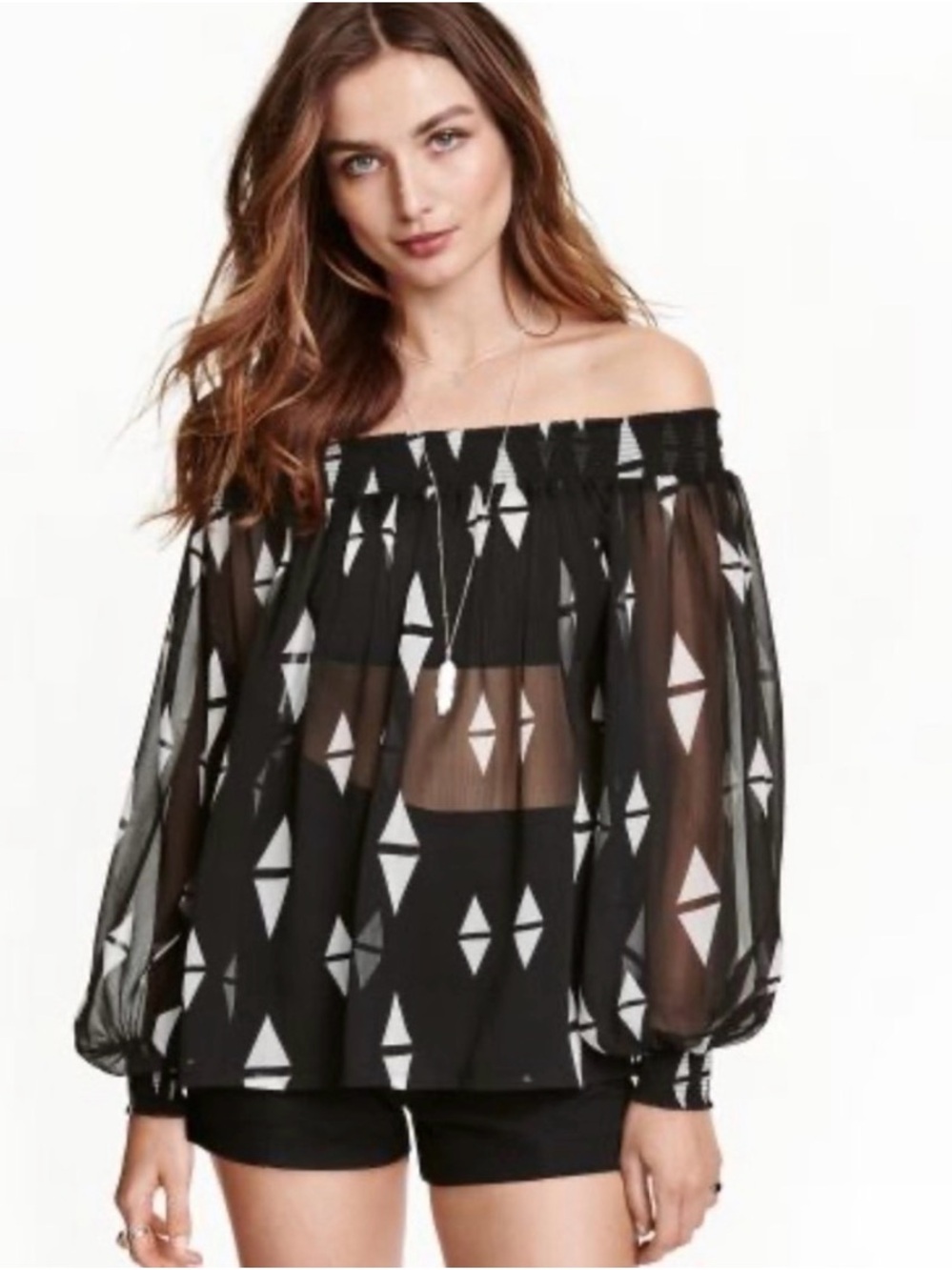 H&M Sheer Off-Shoulder Geometric Black Top